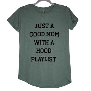 Cotton Heritage Just A Good Mom With A Hood Playlist Graphic Tee Sage‎ Green S